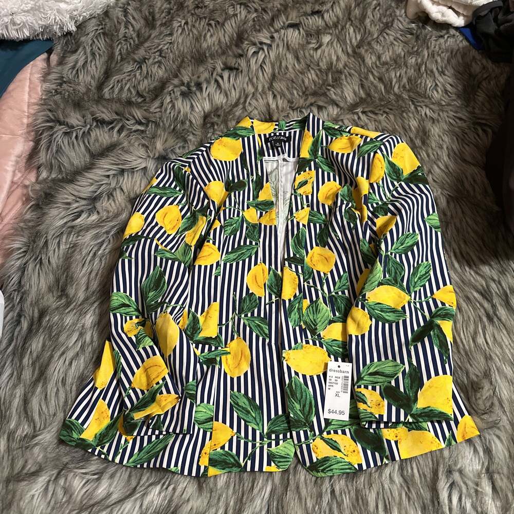 Roz & Ali Printed Striped Lemon Statement Blazer